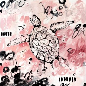 Painting titled "PINK TURTLE" by Marina Ogai, Original Artwork, Oil