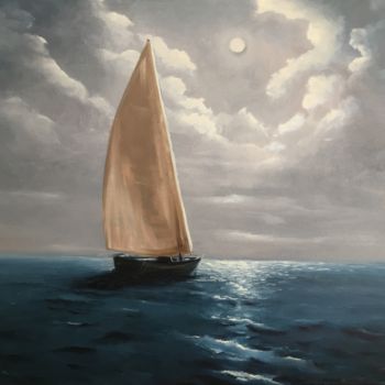 Painting titled "Yacht in the sea 50…" by Alexander Kan, Original Artwork, Oil