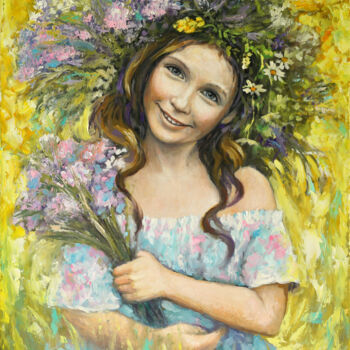 Картина под названием "Девочка  с венком" - Valeriy Novikov, Подлинное произведение искусства, Масло