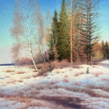 Painting titled "Winter day" by Vasily Gribennikov, Original Artwork, Oil Mounted on Wood Stretcher frame