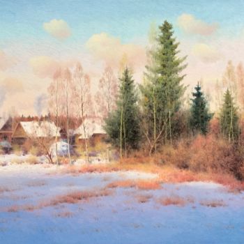 Painting titled "Winter evening" by Vasily Gribennikov, Original Artwork, Oil Mounted on Wood Stretcher frame