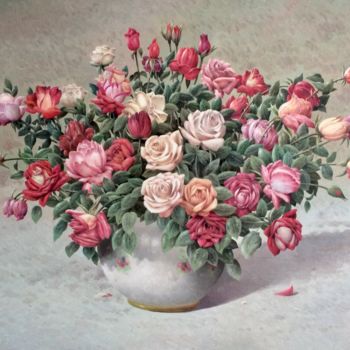 Картина под названием "Roses" - Vasily Gribennikov, Подлинное произведение искусства, Масло Установлен на Деревянная рама дл…
