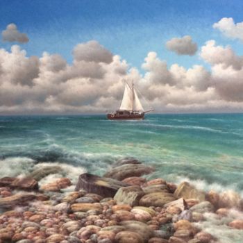 Painting titled "Stony seashore" by Vasily Gribennikov, Original Artwork, Oil Mounted on Wood Stretcher frame