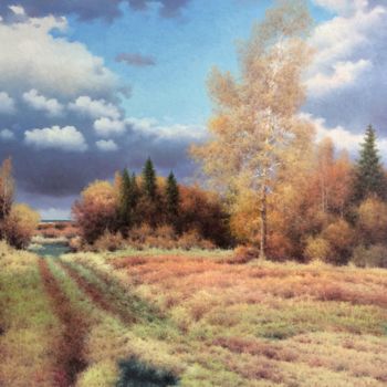 Painting titled "October" by Vasily Gribennikov, Original Artwork, Oil Mounted on Wood Stretcher frame