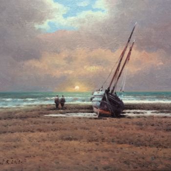 Malarstwo zatytułowany „Evening. Sea low ti…” autorstwa Vasily Gribennikov, Oryginalna praca, Olej Zamontowany na Karton