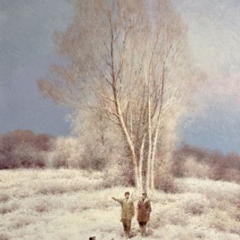 Painting titled "Winter. Hunters" by Vasily Gribennikov, Original Artwork, Oil Mounted on Wood Stretcher frame