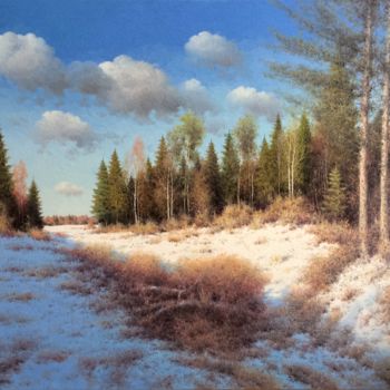 Painting titled "Sunny winter day" by Vasily Gribennikov, Original Artwork, Oil Mounted on Wood Stretcher frame