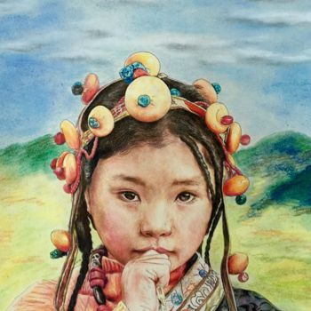 Painting titled "盼（Hope)" by Yunfeng Yang, Original Artwork, Chalk Mounted on Other rigid panel