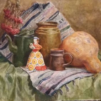 Painting titled "Натюрморт с веткой…" by Nataliia Kachanova, Original Artwork, Watercolor