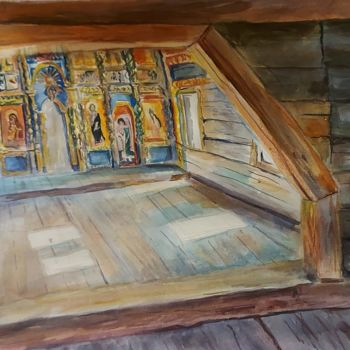 Painting titled "Деревянные церкви Р…" by Nataliia Kachanova, Original Artwork, Watercolor