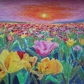 Drawing titled "Tulip field" by Arina Khlebnikova, Original Artwork, Pastel