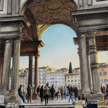 「Piazzale degli Uffi…」というタイトルの描画 A-Criticartによって, オリジナルのアートワーク, コンテ その他の剛性パネルにマウント