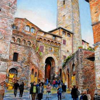 Disegno intitolato "Via San Giovanni a…" da A-Criticart, Opera d'arte originale, Matite colorate Montato su Altro pannello r…