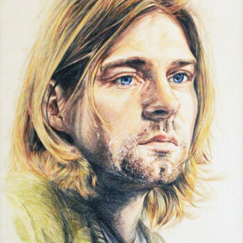 제목이 "Kurt Cobain"인 그림 A-Criticart로, 원작, 장편 기타 단단한 패널에 장착됨