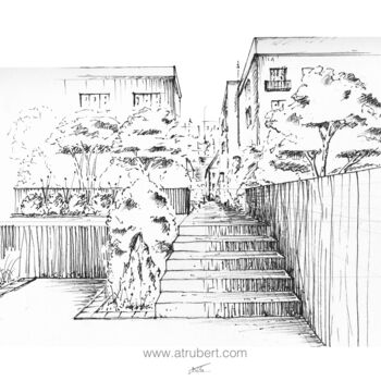 Drawing titled "Perspective paysage…" by A.T.6 Alexandre Trubert, Original Artwork, Pencil