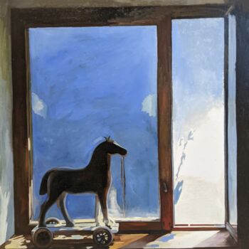 Pittura intitolato "Toy horse on the wi…" da Anna Zavilenskaia, Opera d'arte originale, Olio Montato su Pannello di legno