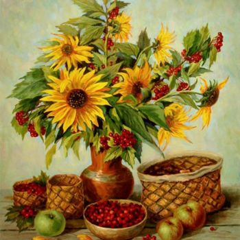 Картина под названием "Sunflowers and cran…" - Arkady Zrazhevsky, Подлинное произведение искусства, Масло