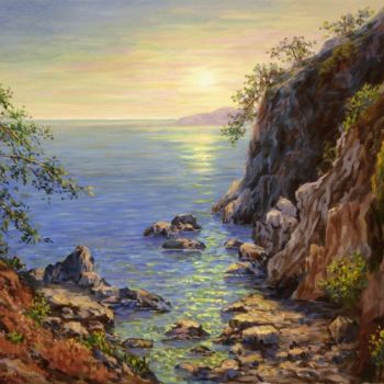 Painting titled "Bay in Lloret de Ma…" by Arkady Zrazhevsky, Original Artwork, Oil
