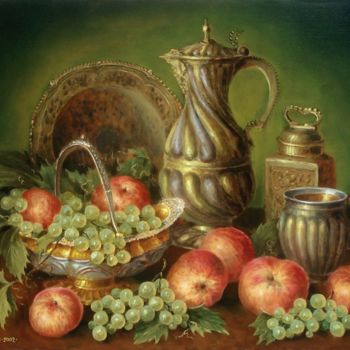 Painting titled "Still-life with red…" by Arkady Zrazhevsky, Original Artwork, Oil
