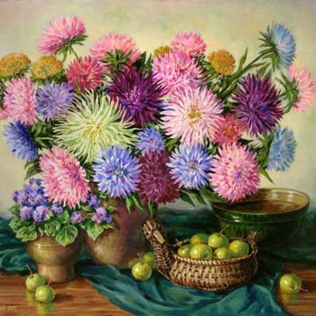 Painting titled "Asters and the Chin…" by Arkady Zrazhevsky, Original Artwork, Oil