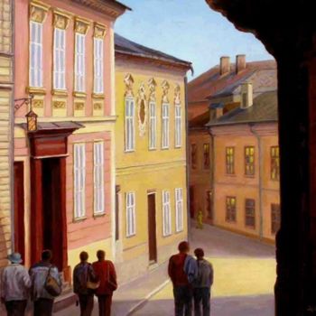 Malerei mit dem Titel "Walk along the stre…" von Arkady Zrazhevsky, Original-Kunstwerk, Öl