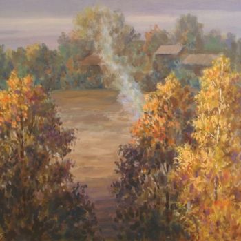 Malerei mit dem Titel "Smoky autumn bonfire" von Arkady Zrazhevsky, Original-Kunstwerk, Öl