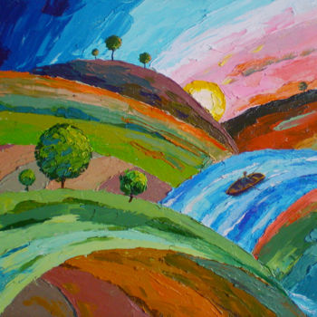 Картина под названием "Закат Солнца в дере…" - Ankor71, Подлинное произведение искусства, Масло