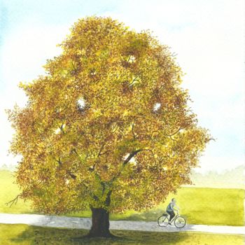 Картина под названием "Cycling in the coun…" - Shweta Mahajan, Подлинное произведение искусства, Акварель