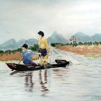 Malerei mit dem Titel "pêcheurs au filet s…" von Aantz, Original-Kunstwerk