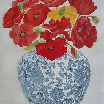 Painting titled "pavots dans un vase…" by Aantz, Original Artwork