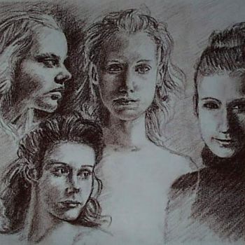 Drawing titled "étude quatre visages" by Aantz, Original Artwork