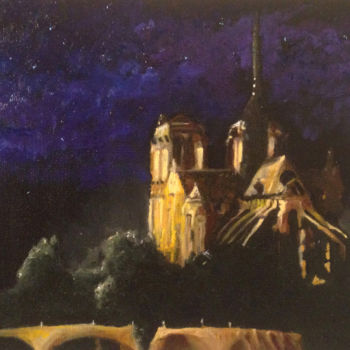 Pintura titulada "Notre Dame at Night" por Larry Aarons, Obra de arte original, Oleo Montado en Otro panel rígido