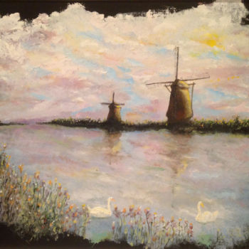 "Windmills at Sunrise" başlıklı Tablo Larry Aarons tarafından, Orijinal sanat, Petrol Diğer sert panel üzerine monte edilmiş