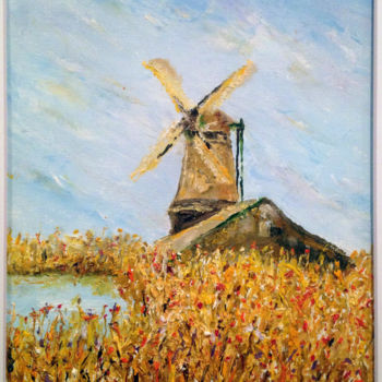 Peinture intitulée "Holland Windmill an…" par Larry Aarons, Œuvre d'art originale, Huile Monté sur Autre panneau rigide
