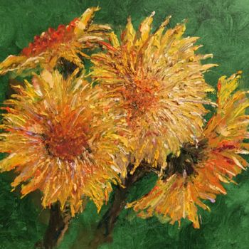 Painting titled "Sunflowers on Green…" by Larry Aarons, Original Artwork, Oil Mounted on Other rigid panel