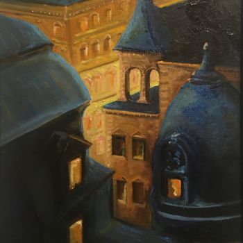 Peinture intitulée "Paris at Night" par Larry Aarons, Œuvre d'art originale, Huile Monté sur Autre panneau rigide