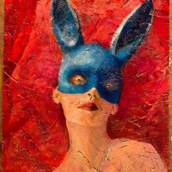 Painting titled "Blue Bunny" by Larry Aarons, Original Artwork, Oil