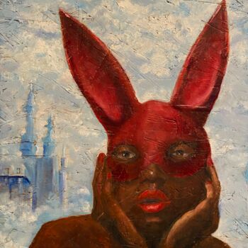 Painting titled "Red Rabbit" by Larry Aarons, Original Artwork, Oil