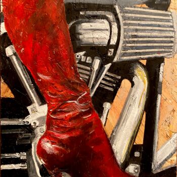 Pintura intitulada "Red Boots Motorcycl…" por Larry Aarons, Obras de arte originais, Óleo Montado em Painel de madeira