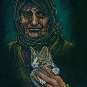 Tekening getiteld "Woman and cat" door Askin Ayrancioglu, Origineel Kunstwerk, Potlood