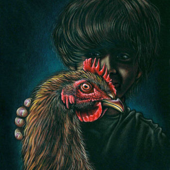 Drawing titled "Girl and rooster" by Askin Ayrancioglu, Original Artwork, Pencil