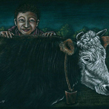 Dessin intitulée "Boy and cow" par Askin Ayrancioglu, Œuvre d'art originale, Crayon