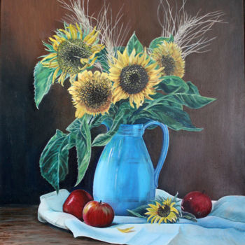 Malerei mit dem Titel "Sunflowers in a blu…" von Nadezhda Vavilova, Original-Kunstwerk, Öl
