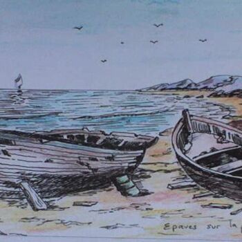 Malerei mit dem Titel "Epaves sur  la plage" von Abdelkrim Hamri, Original-Kunstwerk