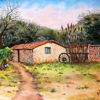 Pintura intitulada "La petite ferme à S…" por Abdelkrim Hamri, Obras de arte originais, Aquarela