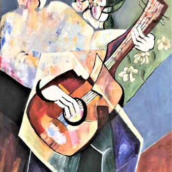 Painting titled "Man and Guitar" by Abdelrahman Shamieh, Original Artwork, Acrylic