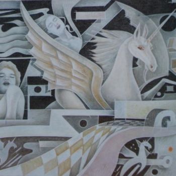 Pintura titulada "UNICORNIO ALADO EN…" por Abdenago, Obra de arte original