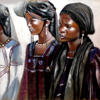 Ζωγραφική με τίτλο "3 femmes peules" από Abderrahmane Latrache, Αυθεντικά έργα τέχνης, Λάδι