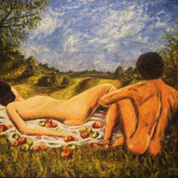 Painting titled "Le Repos, Adam et E…" by Fatiha Abellache, Original Artwork, Oil