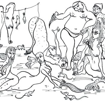 Drawing titled "cleaning mermaid" by Dmitriy Abelyashev, Original Artwork, Ink